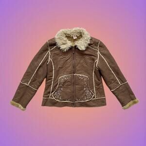 Vintage Y2K Fairy Suede Polish Afghan Jacket Brown Sequin Beaded Tan Fur Sz L